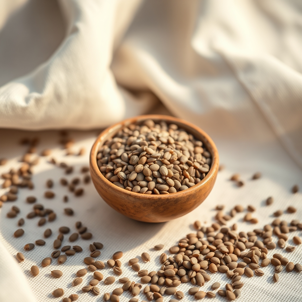 Chia seeds in a small ceramic bowl with scattered seeds on a linen surface