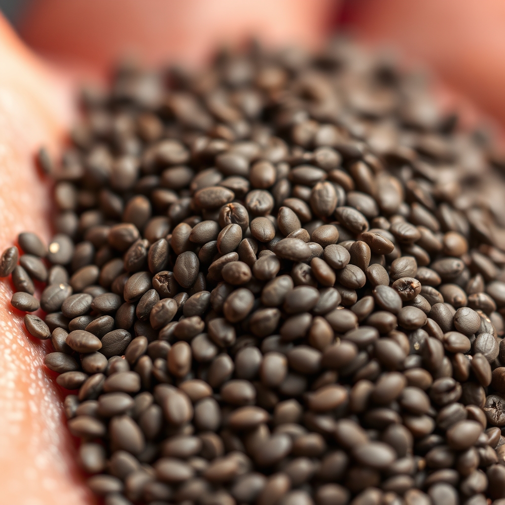 Close-up of chia seeds showing their fine texture and natural dark colour
